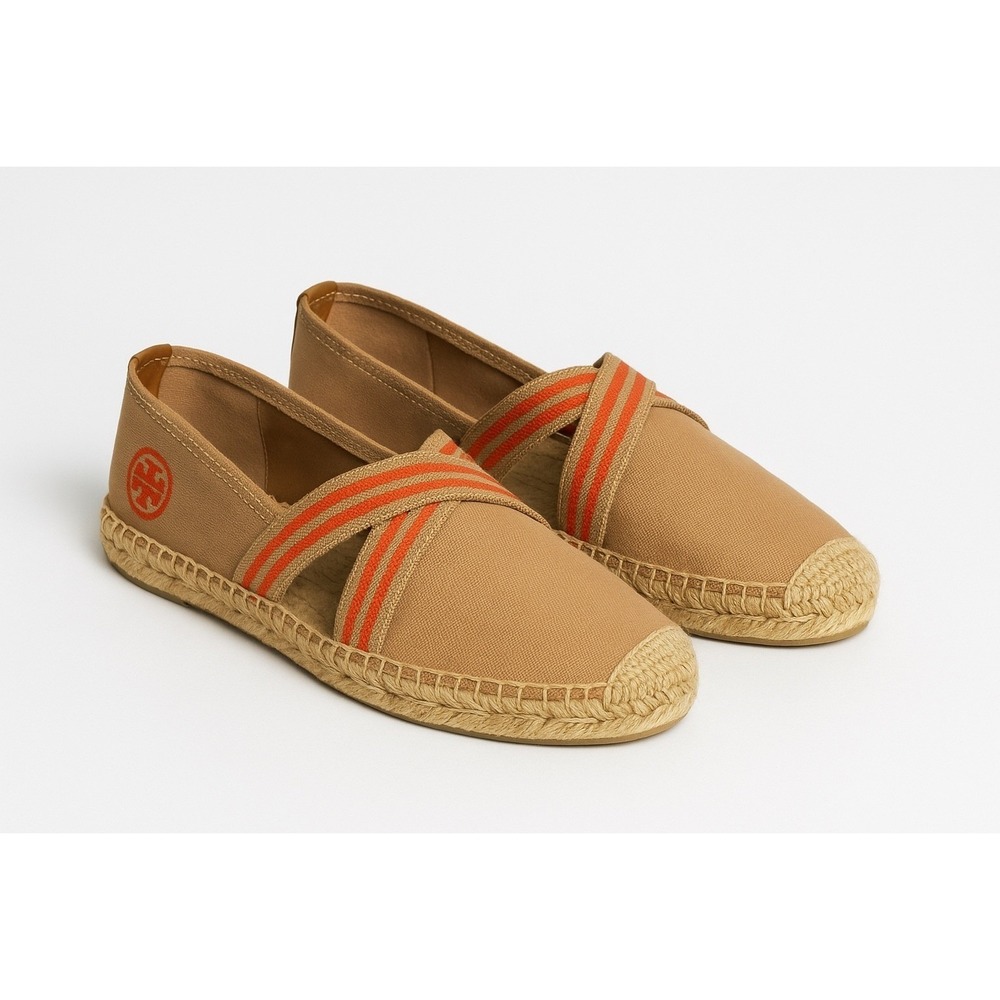 Tory Burch Women's Espadrille Flats Tan Canvas Orange Stripe Slip On Shoes Sz 8